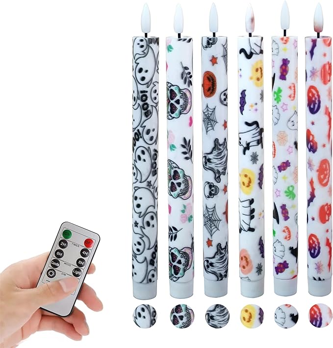 Halloween LED Candles Flameless Candlesticks-6pcs Timer Ghost Battery Operated Candle Remote Floral LED Taper Candles Lights for Home Wedding Harry Potter Party Windows Decor-P6Ghost