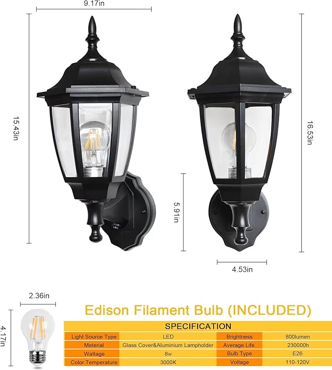 FUDESY Outdoor Wall Light Dusk to Dawn, Porch Sensor Light Black Plastic Anti-Corrosion with LED Edison Filament Bulb, Exterior Mount Lantern for House, Garage (1-Pack), FDS2542PS-B