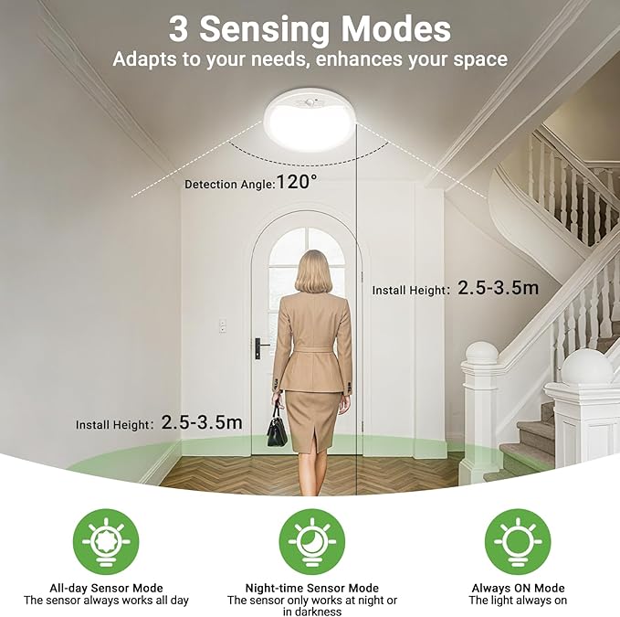 zemty 9inch Motion Sensor Ceiling Lights Wired,18W 1800lm 3CCT/3 Mode/30-120s Timer, Bright White LED Flush Mount Light Fixture Motion Activated for Closet Pantry Hallways Stairwells Garage