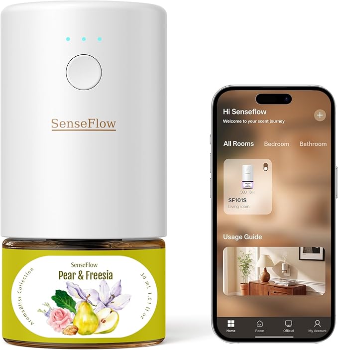 SF101S Pro Smart Plug in Air Freshener for Home, Waterless Essential Oil Diffuser, Aromatherapy Home Diffuser, 120-Day Natural Aroma Mist – Free 30ml Pear & Freesia (Yellow Orange)