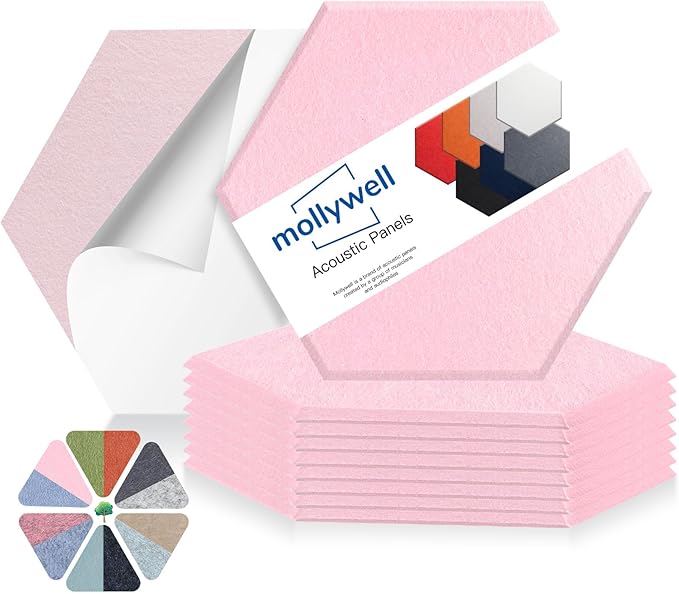 Mollywell Hexagon Acoustic Panels 14x12 - Reduce Echo & Reverb, Noise Blocking Wall Tiles for Bedroom & Nursery, Cherry Blossom Pink Sound Absorbing Panels