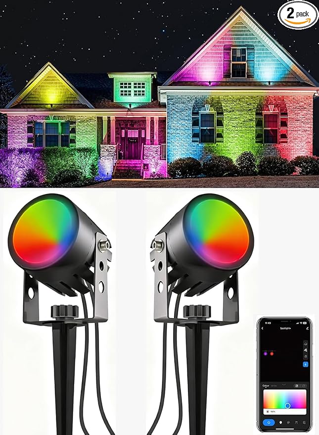 Ligency WiFi Smart Landscape Lights - Plug-in 12V Low Voltage Outdoor Spotlights with Alexa, 28.8ft Complete Kit, RGBW Dream Color, IP65 Waterproof LED Garden Lights for Yard, Tree, 2 Pack
