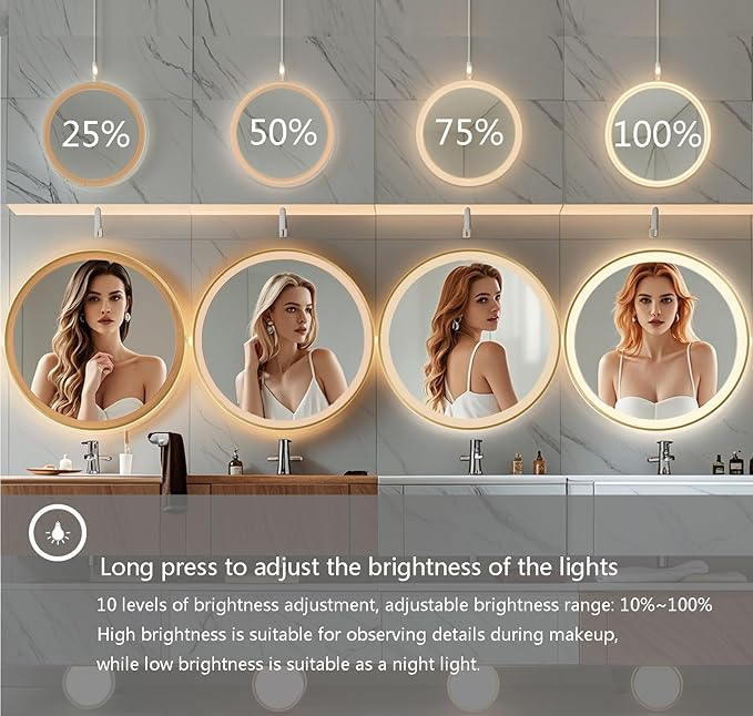 Wall-Mounted Round Bathroom Mirror with LED-Lights - Frame Vanity Mirrors (32" x 32", Gold)