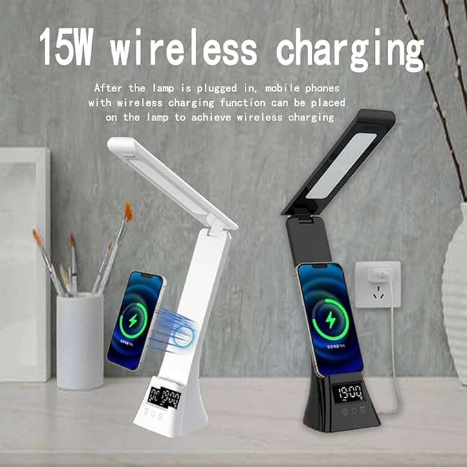 All-in-One Wireless Charging Desk Lamp with Digital Clock & Alarm, 15W Fast Phone Charger, 3 Color Lighting Modes, 180° Foldable, Touch Control for Bedroom, Office,TYV-2088 White.