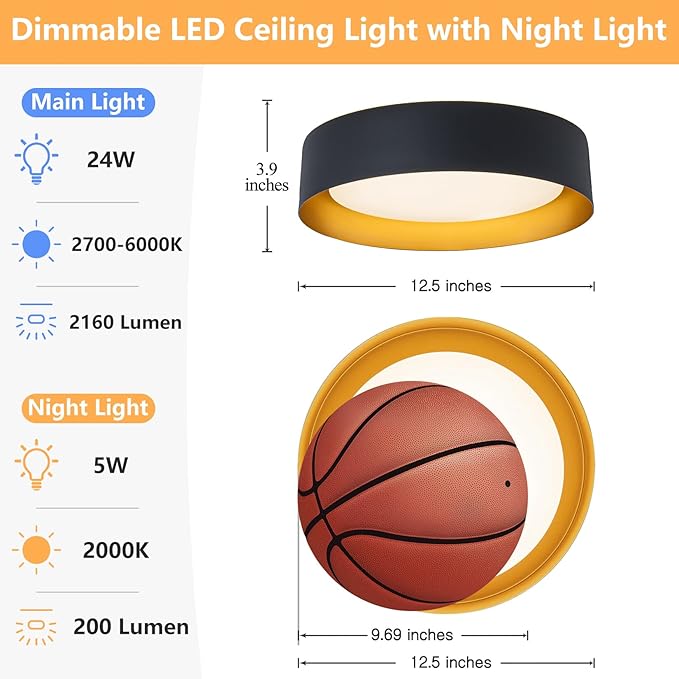 Bargeni Flush Mount Ceiling Light with Remote,Matte Black with Gold Inside,24W/2700K-6000K/with Night Light Mode,12.5 inch LED Flush Mount Light for Bedroom,Living Room,Kitchen