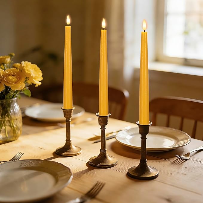 Yellow Flameless Taper Candles with Remote, 9.6 Inches Real Wax Battery Operated Candles, 3 Pack Flickering LED Candlesticks, Tall Taper Fake Candles for Home, Wedding, Party
