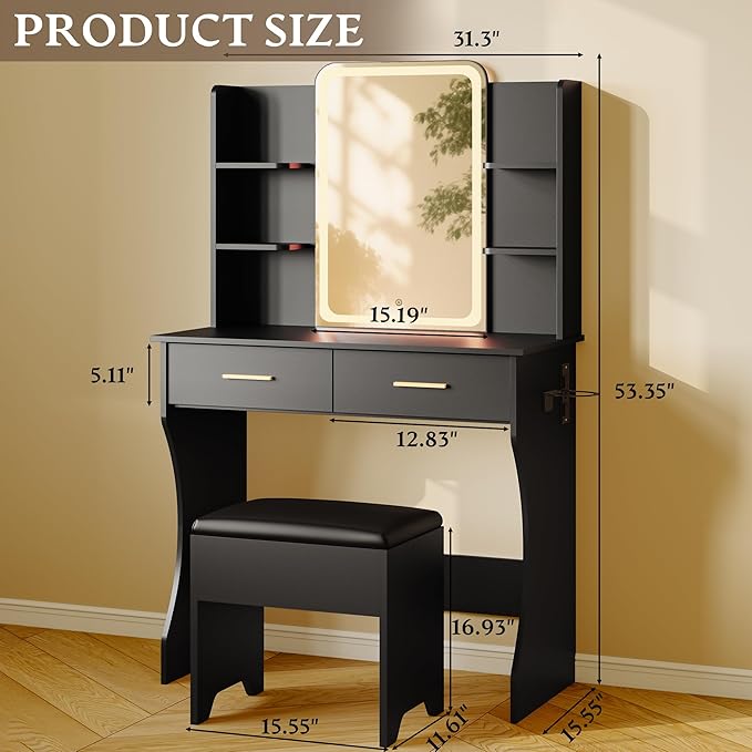 Makeup Vanity Desk with Mirror & Lights, Small Vanity Table Set for Girls with Chair & Power Outlet, Modern Dressing Table with 2 Drawers & 4 Storage Shelves, Adjustable RGB Lighting - Black