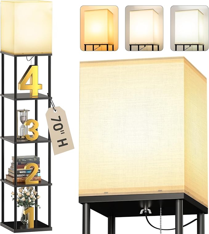 addlon 5-Tier Floor Lamp with Shelves, Standing Bookshelf Lamp with 3 Color Temperature, Corner Display Floor Lamps for Living Room, Bedroom and Office (70'' H, Black)