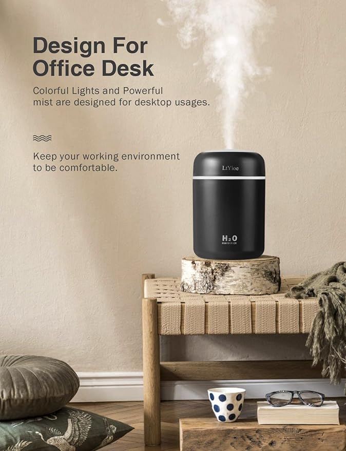 Humidifier Portable Mini Humidifiers for Bedroom, Personal Desktop Cool Mist Air Humidifier with Colorful Night Light, 2 Mist Modes & Auto Shut-Off, Super Quiet for Car Office Home (Black)