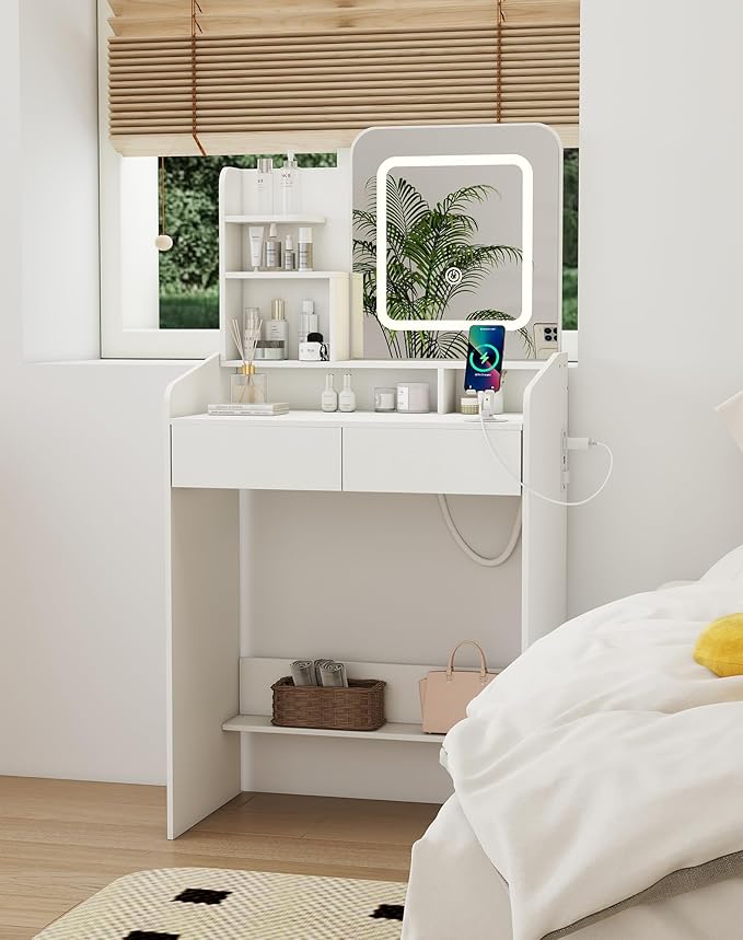Small Makeup Vanity Desk for Girls with Lighted Mirror, 26.5” W Dressing Table with 2 Drawers and Power Outlet, 3 Light Modes & Adjustable Brightness, Vanity Table for Women Bedroom, White