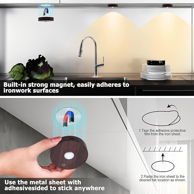 Rechargeable Puck Lights, 3 Color Temp & Dimmable Under Cabinet Lighting, Magnetic Battery Operated Closet Light, No Wiring Needed, 2W, 70 Lumens (5 Pack, Woodgrain)