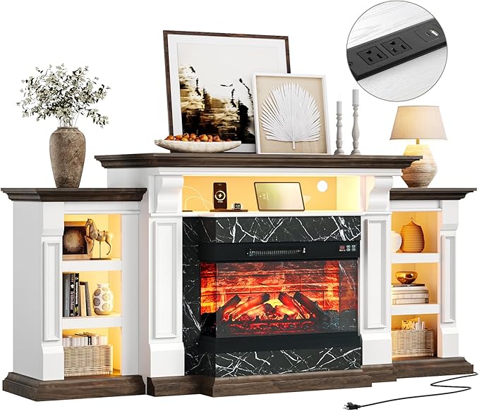 LGHM LED Electric Fireplace TV Stand with Outlet, 72'' Fireplace Mantel for TVs up to 80'', Modern Entertainment Center with 3-Sided Glass Fireplace Heater Insert for Living Room