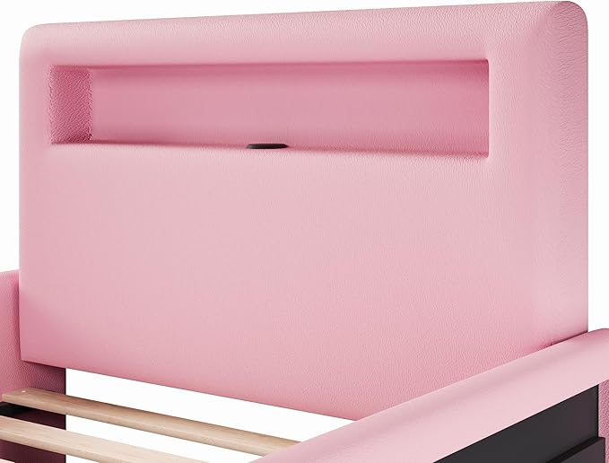 MERITLINE Twin Size Upholstered Platform Bed with Drawer, App-Controlled RGB LED Light Strip & USB Port, PU Fabric Storage Bed (Pink) | LED light, Storage Drawer