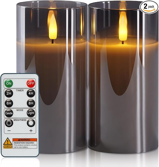 5plots Flameless Battery Operated Candles Set of 2, Gray LED Candles with Remote Timer, Real Wax Glass Pillar Candles Warm Flickering Light for Indoor Home, Halloween, Christmas Decor D3 x H6 6"