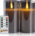 5plots Flameless Battery Operated Candles Set of 2, Gray LED Candles with Remote Timer, Real Wax Glass Pillar Candles Warm Flickering Light for Indoor Home, Halloween, Christmas Decor D3 x H6 6"
