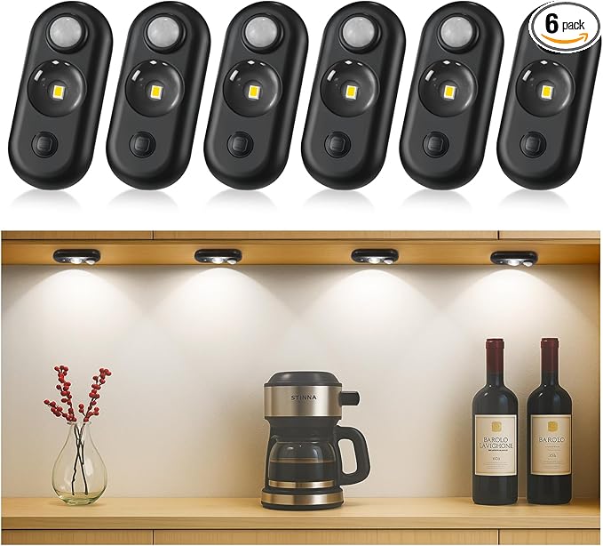 LED Motion Sensor Puck Lights, Small Rechargeable Under Cabinet Light, Dimmable Daylight White Closet Lights, Wireless Under Cabinet Lighting for Drawer, Kitchen (6 Pack, Black)