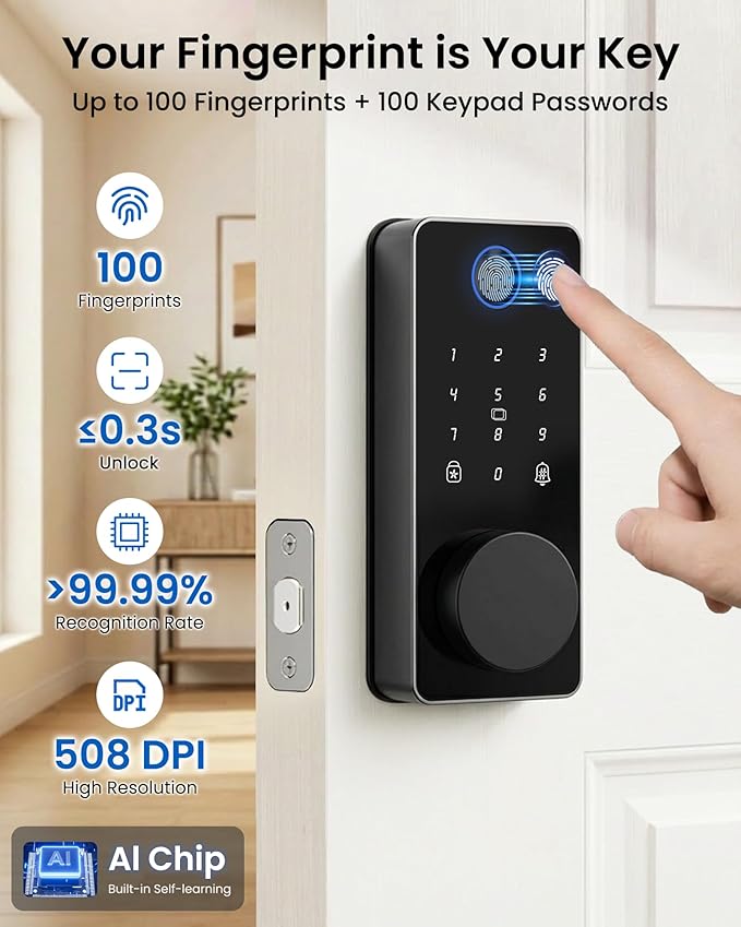 Smart Door Lock, Fingerprint Keyless Entry Door Lock Front Door App Control, Electronic Touchscreen Keypad Deadbolt, Auto Lock, IP54 Waterproof, Easy Install