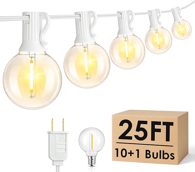 Mlambert 25FT G40 LED Outdoor String Lights, Plug-in Waterproof Patio Lights with 10 LED Bulbs (1 Spare), Porch Lights for Backyard Party Decor, White