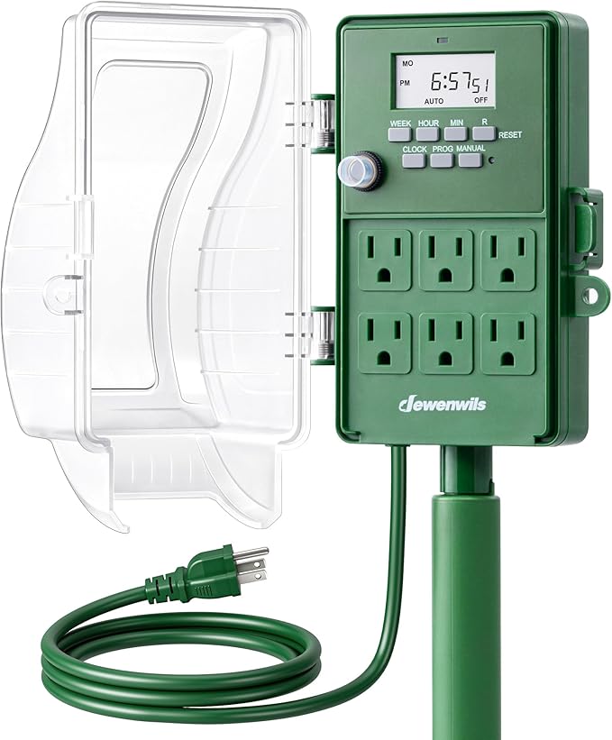 DEWENWILS Outdoor Power Stake Timer, 1800W/15A Digital Timer with 6 Grounded Outlets, 6FT 14/3C Extension Cord, Waterproof Heavy Duty Outlet for Lights, Yard, Garden, ETL Listed
