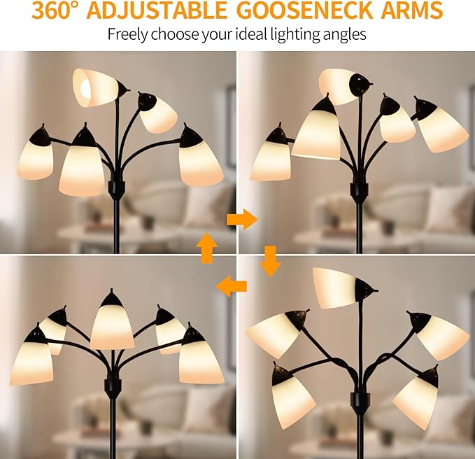 DLLT Modern Floor Lamp for Room: 5-Light Flexible Gooseneck Black Floor Lamps Standing for Living Room Bedroom Home Study Room Office - Tall Tree Floor Lights Adjustable Metal Multi Head E26 Base