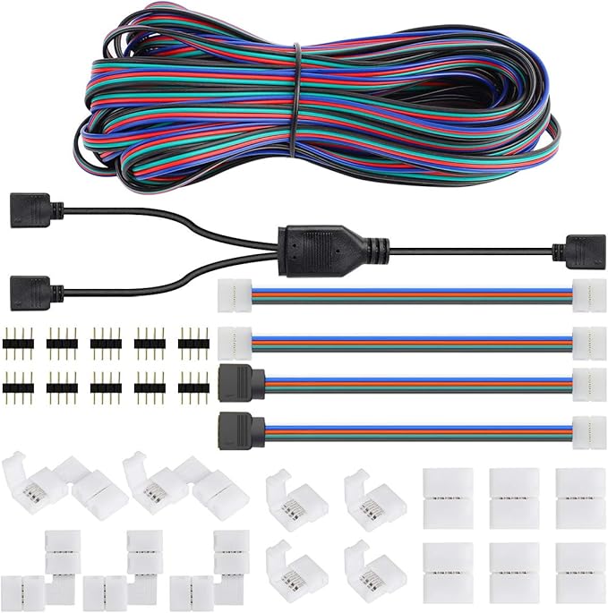 SUPERNIGHT 3528 2835 4 Pin 8mm LED Strip Connector, RGB Rope Lights Connector Kit, Gapless Solderless Clip, 32.8ft Extension Wire Cable, L Shape PCB (for 8mm Width Strip)