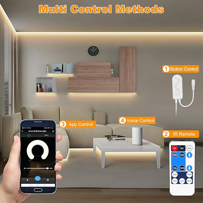 Smart White COB Led Strip Light with App and Remote, 16.4ft 2700K Bright Warm Color WiFi COB Light Strip Compatible with Alexa Google, Dimmable Indoor Led Lights for Mirror, Cabinet, Kitchen