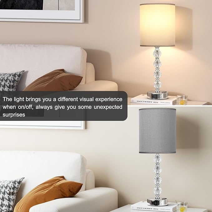 Acaxin Touch Bedside Crystal Lamps for Bedrooms Nightstand with USB C+A Charging Port and AC Outlet White, 3 Way Dimmable Silver Large End Side Table Lamp for Living/Dinning Room/Kitchen/Bedroom