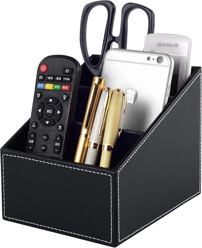 Fashionable PU Leather TV Remote Control Holder with 3 Compartments, Storage Rack, Storage Box, Media Accessory Storage, Desk Organizers (black)