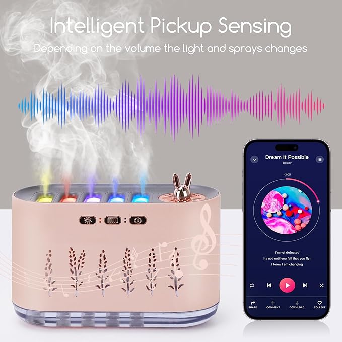 5 Nozzle Music Sensing Cool Mist Humidifier,Humidifier Diffuser with 20 Color LED Light, 700ML Essential Oil Diffuse, Auto Shut Off, Aroma Diffuser for Bedroom Home Office Yoga (Pink)