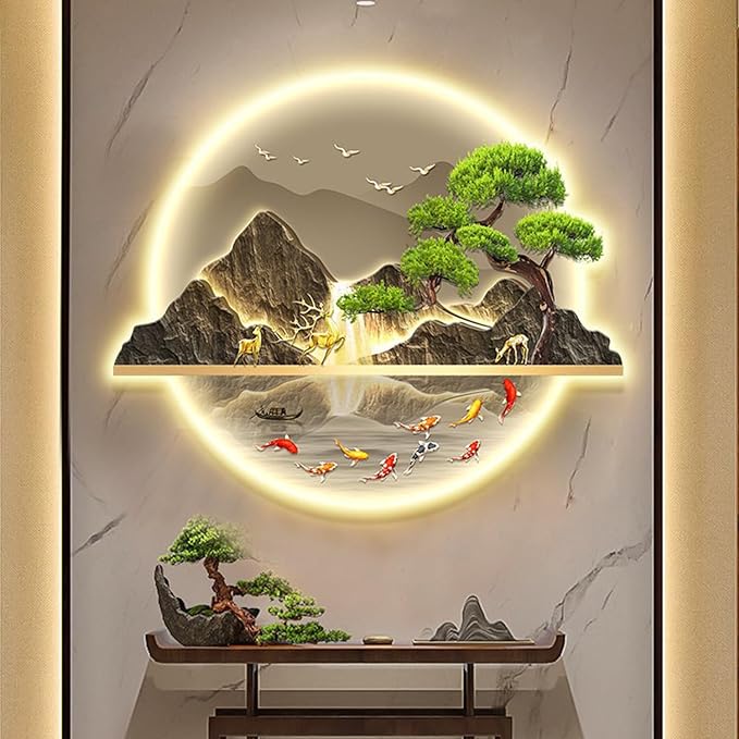 B,70 * 84cm, Mountain Tree Wall Art with Led Light, Zen Wall Art Decor, Luminous Wall Sculptures Painting, for Study Room, Dining Room, Living Room, Tea Room