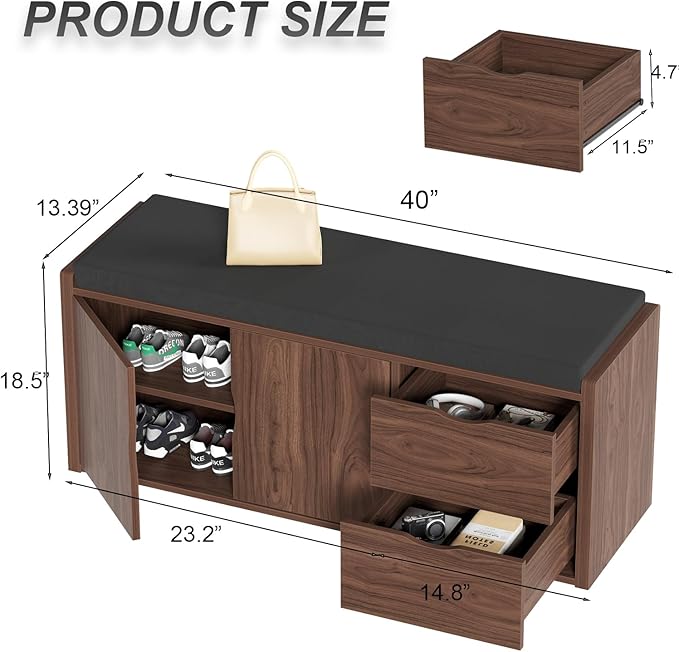 LVB 40” Entryway Storage Bench with Padded Seat Cushion, Wood Hidden Shoe Organizer Bench with 2 Drawers Cabinet, Industrial Shoe Bench for Foyer Entrance Living Bedroom, Walnut Oak, 40 inch