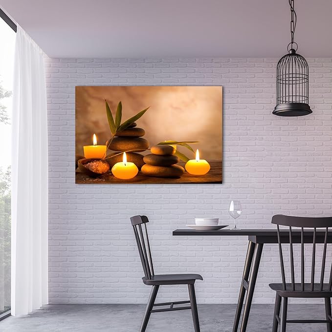 Zen Wall Art Decor, Modern Bathroom Zen Decor Wall Art, Zen Relaxing Canvas Wall Art for Spa Room Decor, Black Pebble and Lighted Candles Zen Art Prints for Office & Spa Wall Decor 24x36 Inches