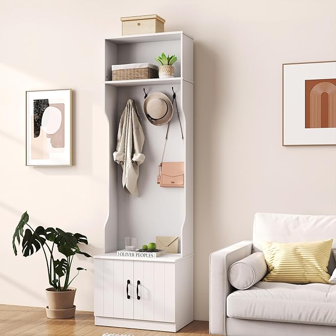 Giantex 3-in-1 Hall Tree with Bench and Shoe Storage, 23.5" Tall Coat Rack with Adjustable Shelves, 4 Hanging Hooks, 2-Door Cabinets, Modern Mudroom Storage Organizer for Living Room, Hallway