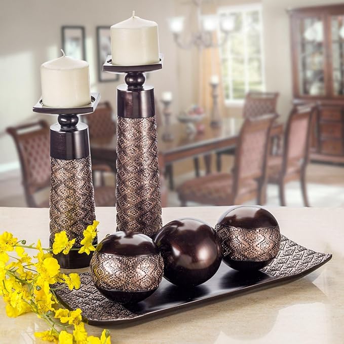 Creative Scents Dublin Brown Decorative Tray & Orb Set - 4-Piece Centerpiece for Living Room, Dining Room & Entry Table Decor