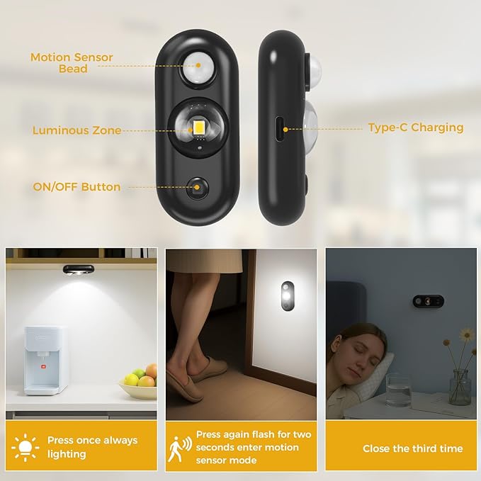 LED Motion Sensor Puck Lights, Small Rechargeable Under Cabinet Light, Dimmable Daylight White Closet Lights, Wireless Under Cabinet Lighting for Drawer, Kitchen (6 Pack, Black)