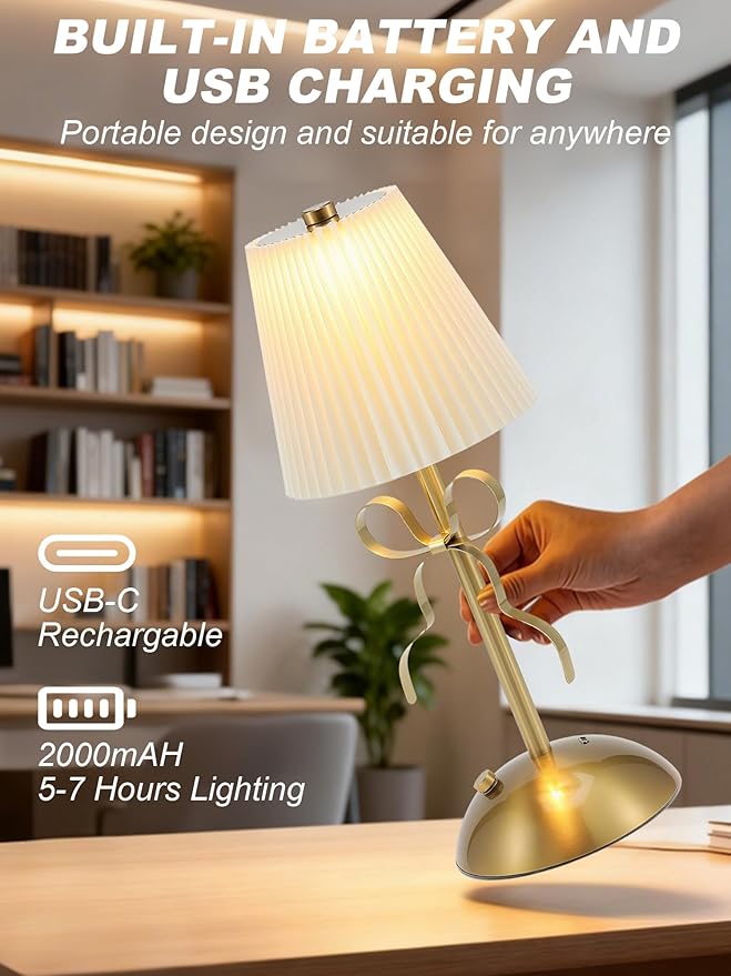 Cordless Table Lamp,Small Gold Bow Night Light,LED Rechargeable Reading Lights,3 Color Stepless Dimmable Touch Control Bedside Lamps,Bedroom Living Room Bar Desk Lamps Home Decor Ambient Lighting