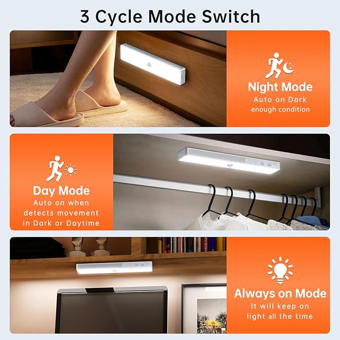 LED Closet Light, 30LEDs Dimmer USB Rechargeable Motion Sensor Light Under Cabinet Lighting with Remote Control, Wireless Stick-Anywhere Night Safe Light Bar for Wardrobe,Kitchen-2 Pcs