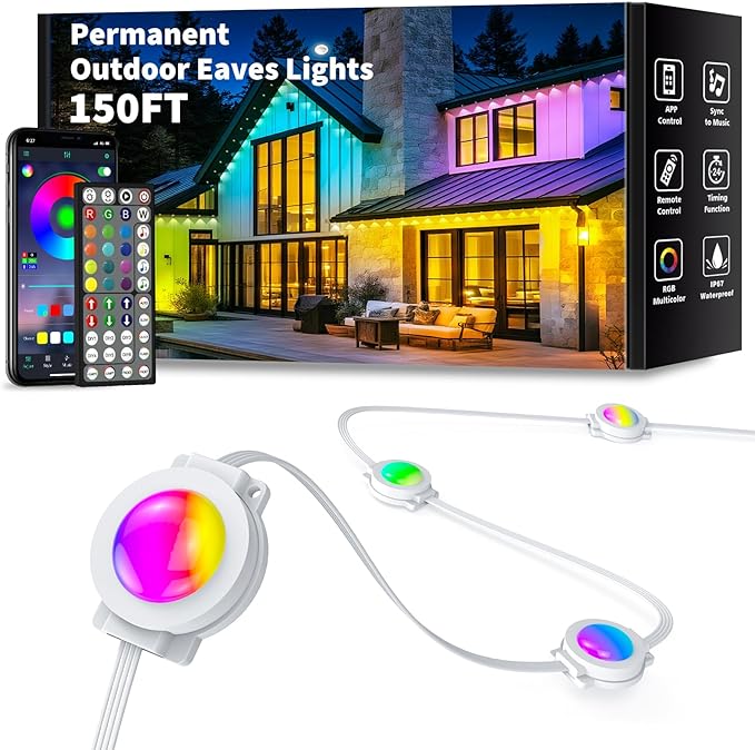 150FT Permanent Outdoor Lights, Smart RGB Eaves Lights with App/Remote Control, LED IP67 Waterproof Outdoor Lighting for Halloween Christmas Holidays Daily Party House Roof Lighting