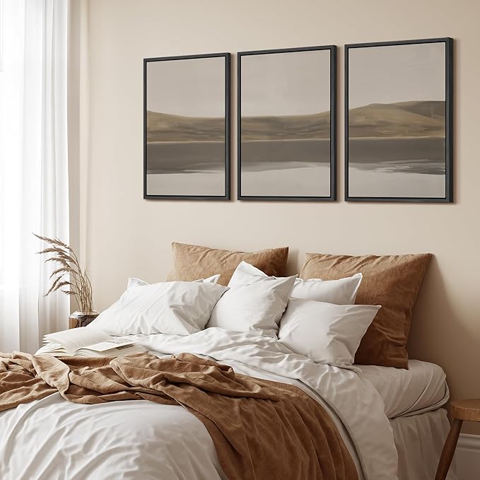 wall26 Framed Canvas Print Wall Art Set Minimal Horizon Landscape in Calm Neutral Shades Illustrations Modern Art Decorative Multicolor for Living Room, Bedroom, Office - 24"x36"x3 BLACK