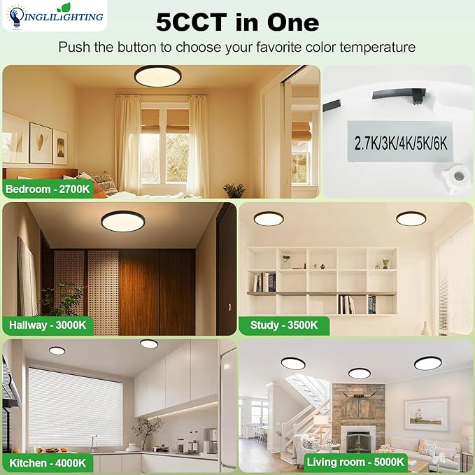 LED Flush Mount Ceiling Light: 7 inch 2Pack Super Slim Dimmable & 5CCT (2700-6500K) Kitchen Lighting Fixtures Ceiling - 12W Black Low Profile Ceiling Lamp for Bedroom Garage Hallway