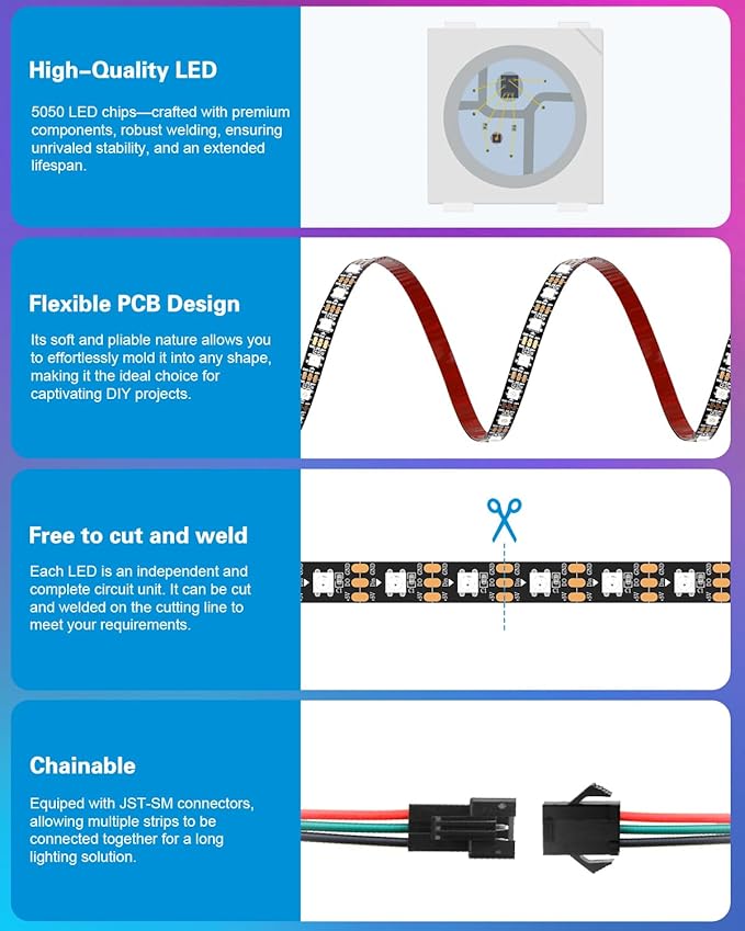 ALITOVE 3.2ft 60 Pixels Strip WS2812B Individual Addressable RGB IC LED Strip Light Upgraded Adhesive LED Tape Light Programmable 5050 5V IP20 Black PCB Compatible with Raspberry Pi for DIY Project