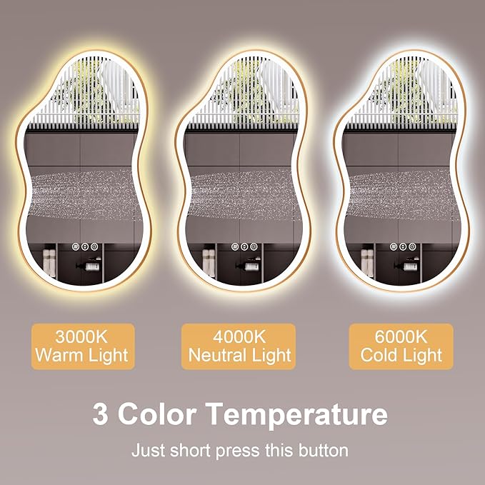 WTTY LED Irregular Bathroom Mirror 20x36 Inch with Front & Back Lights - Asymmetrical Design, Anti-Fog, Dimmable 3 Color Temperatures, Shatterproof Glass, Horizontal or Vertical Mount (Gold Frame)