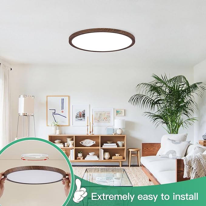 Brightever Walnut Wood LED Flush Mount Ceiling Light, 12 Inch 24W 3200LM Close to Ceiling Light Fixtures, Dimmable & 2700K-6500K 5 Color Selectable Light Fixtures Ceiling Mount, 1 Pack