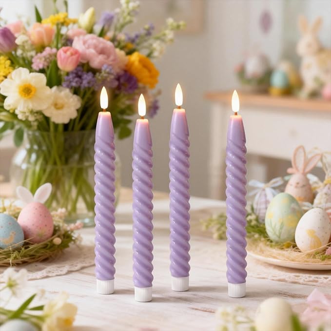 Easter Flameless Taper Candles Flickering with Remote Timer, Gentle Lavender Battery Operated Real Wax LED Spiral Candles for Home Wedding Spring Easter Decoration(0.78 X 9.8 Inchs)
