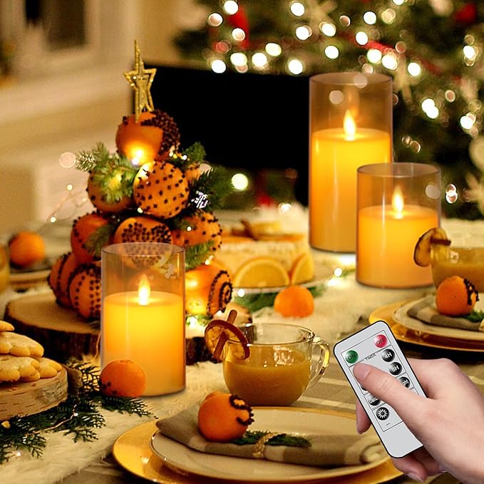 Wondise Flameless Flickering Candles with Remote and Timer, Battery Operated with Moving Wick, Glass LED Candles with Real Wax for Halloween Christmas Home Dinner Decoration (Gold