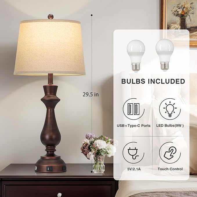 Touch Lamps for Night Stands Set of 2-29.5" Tall Bedside Lamp with USB C+A, 3 Way Dimmable Bedroom Lamps, Vintage Brown Table Lamps for Living Room