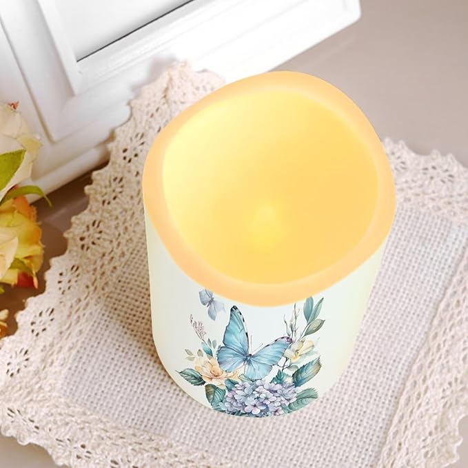 Blue Butterfly Pillar Candles Bulk Led Flameless Battery Operated Candles with Timer Remote Color Changing Electric Fake Candles for House Warming Home Decorations Set of 4