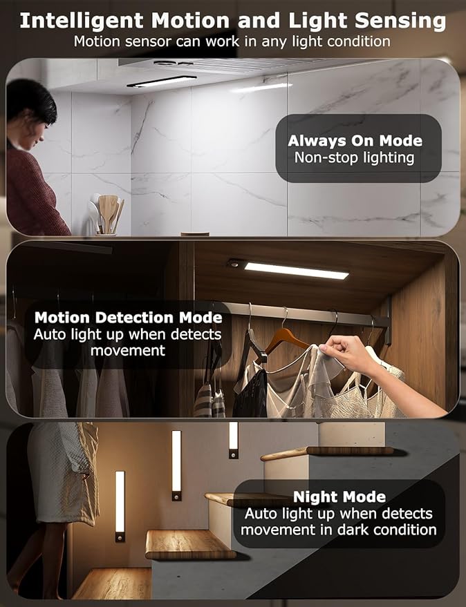 12" Ultra-Thin Under Cabinet Lighting Cordless, Aluminum Alloy Under Counter Lights for Kitchen, 3-Color-Temps Magnetic Closet Lights, Rechargeable Motion Sensor Light Indoor (8 Pack, Black)