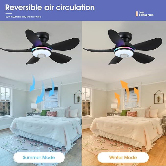 36" Ceiling Fans with RGB Lights Remote/APP Control, Small Ceiling Fan, 3 CCT Dimmable White Lights+RGB Ring Lights+Music Player, 5 Reversible Plastic Blades 6 Speeds for Kidsroom, Black