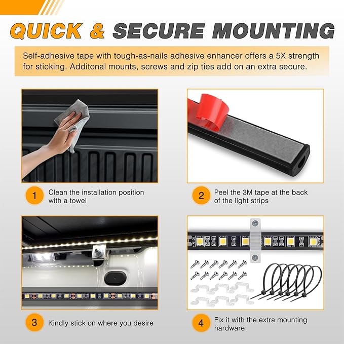 GOOACC Truck Bed Light Strip 3PCS 60" 270 LEDs White Lighting Waterproof for 12 Volt Car Cargo Pickup SUV RV Boat, On/Off Switch Blade Fuse Splitter Cable